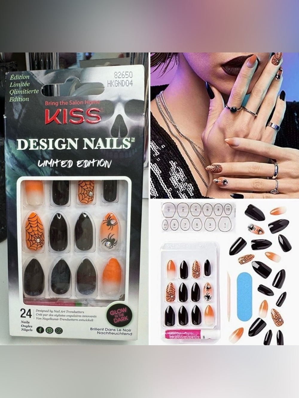 KISS Limited Edition Design Nails Press On Nails Orange Ombre Spider Web Black